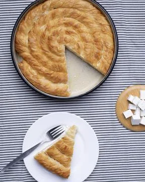 Top down view of Burek Pie served on a table Stock Photos