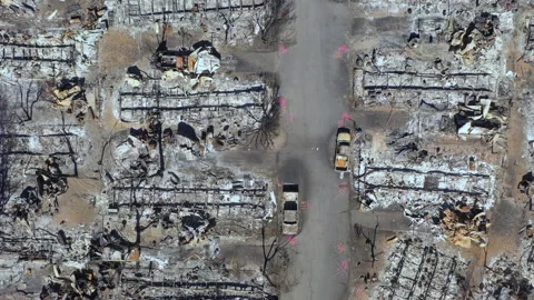 Top down view of burned homes and cars in Oregon. Drone clip. Stock Footage 140690356