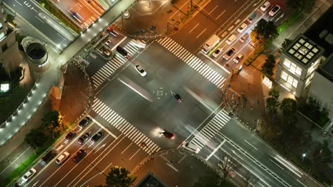 Top Down View Busy City Crosswalk White Traffic Light Trails Stock Footage 327602626