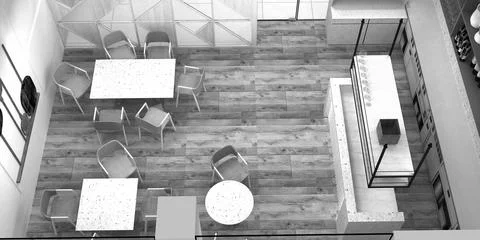 Top Down View of Cafe Seating and Bar Floor Plan Grayscale Render Ilustración de archivo