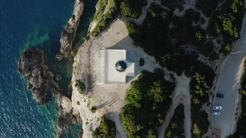 Top down view of Cape of Ducato, famous lighthouse of Greek island Lefkada. Stock Footage 155553976