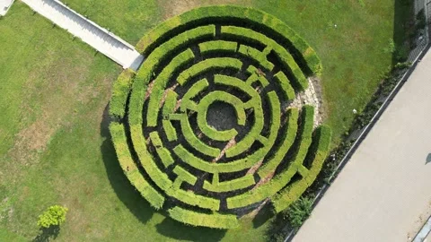 Top-down view captures a circular hedge maze Stock Footage 340240068