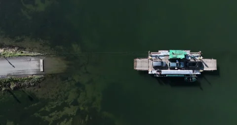 Top down view of car ferry crossing Jezioro Czchowskie at Tropie Stock Footage 346623803