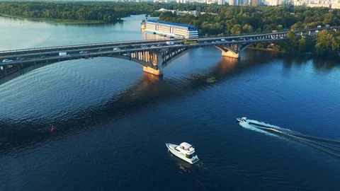 Top down view of car traffic on the bridge across the sea. Aerial. Towing convoy Stock-Footage 128138178
