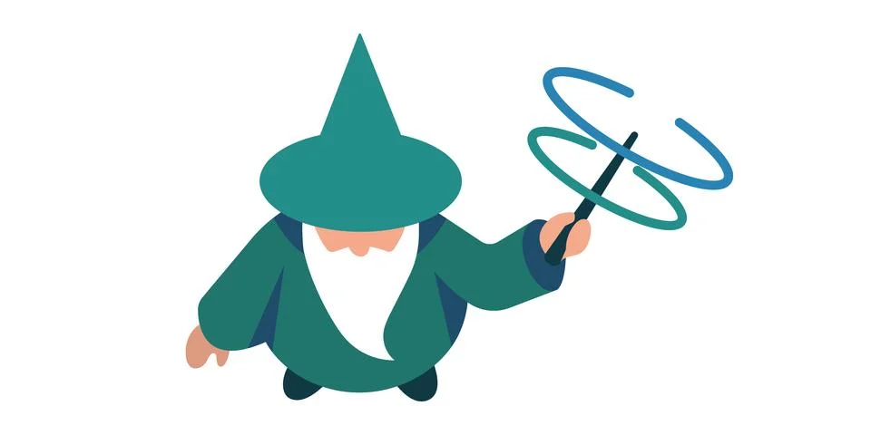 Top Down View Of A Cartoon Wizard Casting A Magic Spell on white background.. Stock Illustration
