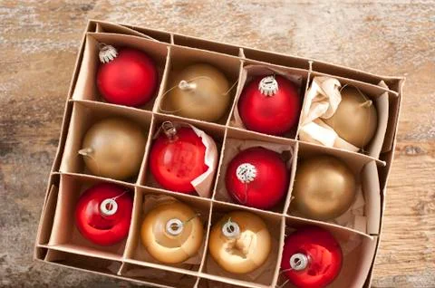 Top down view on christmas tree ornaments Stock Photos