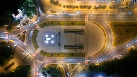 Top down view at circular intersection at night Stock Footage 119162681