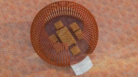 Top-Down View of Circular Wooden Outdoor Dining Pod Pavilion Stock Illustration