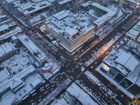 Top-down view of complex, busy city intersection in winter Stock Photos