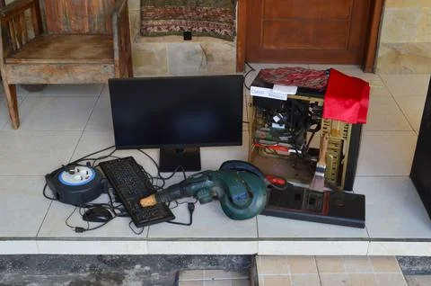 Top Down View of Computer Cleaning Station with Blower Stock Photos