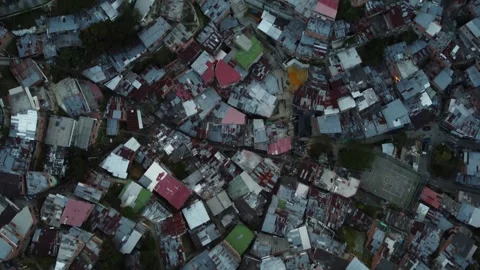 Top Down View of Comuna 13 Barrio and Football Field in Medellin, Colombia Stock Footage 336792978