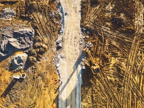 Top down view of construction area with leveling ground and land being prepared Foto stock