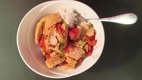 Top down view of cooked grilled roasted hot warm steaming salmon with rice .. Stockbeeldmateriaal 318267925