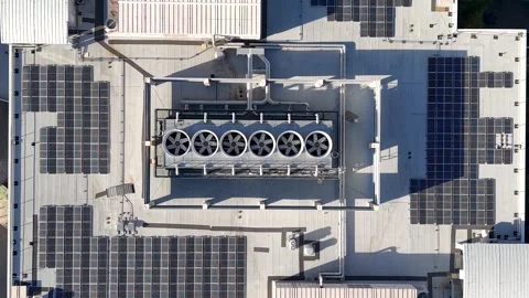 Top down view of Cooling towers and solar panels on a Data center near Dall.. Stock Footage 323427444