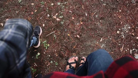 Top Down View Of A Couple Walking In Sync, Pov Of Two Persons Walking in forest Stock Footage 307117306