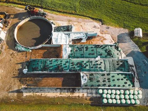 Top down view covered manure storage on a farm in the countryside Stock Photos