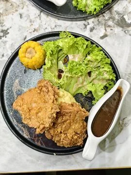 A top-down view of a crispy chicken chop Stock Photos