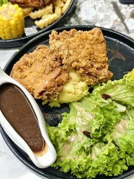 A top-down view of a crispy chicken chop Stock-Fotos