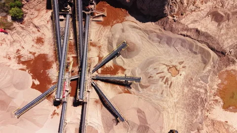 Top down view of crossing conveyor belts at gravel plant, Bulgaria Stock Footage 339005396