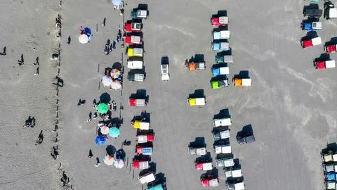 Top down view of crowded jeep cars on the Mount Bromo desert in East Java Stock Photos