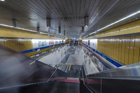 Top down view of crowded passenger get on and get off from subway train whi.. Stock Photos