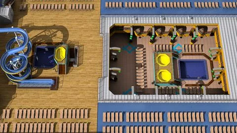 Top Down View of Cruise Ship Luxury Deck with Swimming Pool and Water Slide イラスト素材