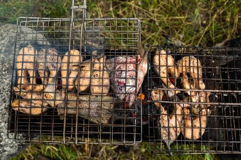 Top down view of cut fish in metal grate grilling on a brazier Stock Photos