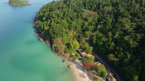 Top-down view of daytime traffic along main road, Koh Chang, Thailand Stock Footage 310390636