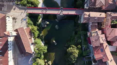 Top down view of Devil's Bridge over Natisone river, Cividale del Friuli, Italy Stock Footage 340958320