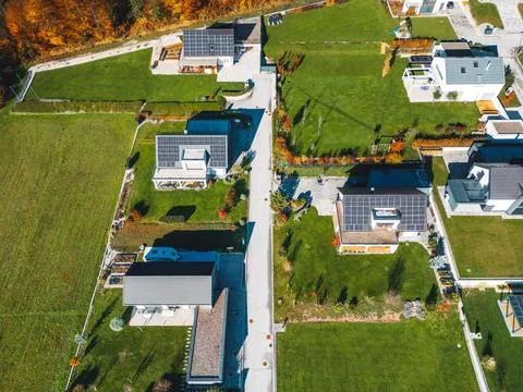 Top down view, directly above new housing development with almost all of the Stock Photos