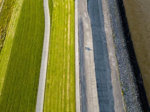 Top-down view of a dyke in the Eemsdelta, Groningen, The Netherlands Stock Photos