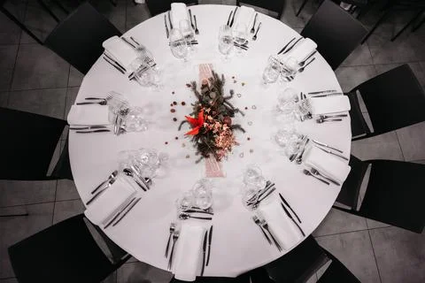 Top-Down View of Elegant Festive Table Setting Stock Photos