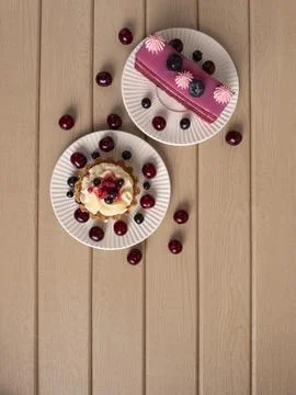 A top-down view of elegantly plated desserts Stock Photos