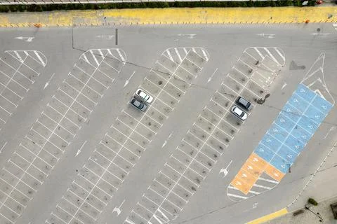 Top down view empty parking lots. Stock Photos