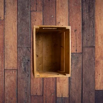 Top Down View of Empty Wooden Crate Box on Plank Floor Stock Photos