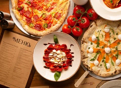 Top down view on enormous buffet of delicious freshly prepared european cuisine Stock Photos
