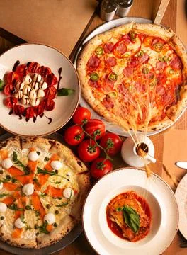 Top down view on enormous buffet of delicious freshly prepared european cuisine Stock Photos