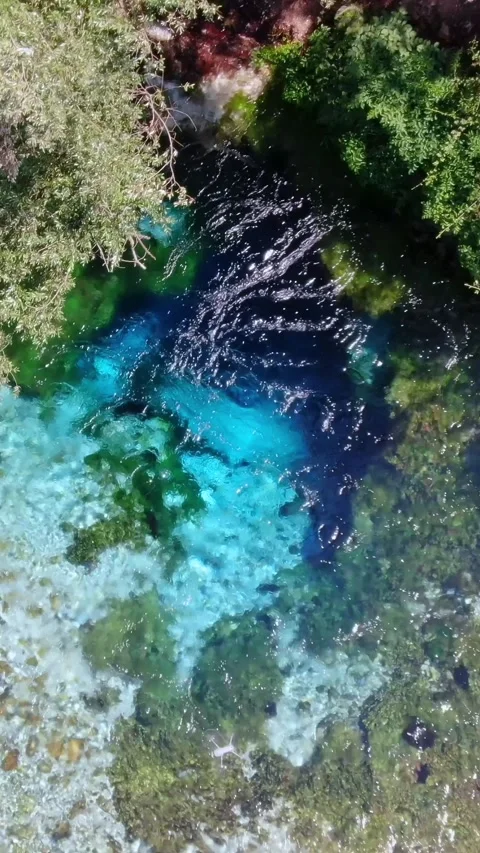 Top down view of the famous Blue Eye, a natural water spring in Sarande Video stock 345088640