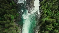 Top Down View Of Fast Moving River With Rapids Surrounded By Pine Forest. Stock Footage