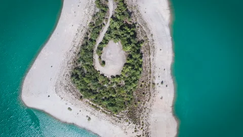 Top Down view of Fast Moving River with Rapids Surrounded by Pine Forest Stock Footage 130398434