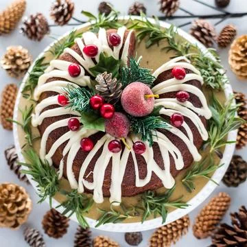 A top down view of a festive decorated bundt cake with pinecones all around. Stock Photos