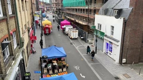 Top-down view of a few stalls, Surrey Street, Croydon, 4K Stock Footage 171408714