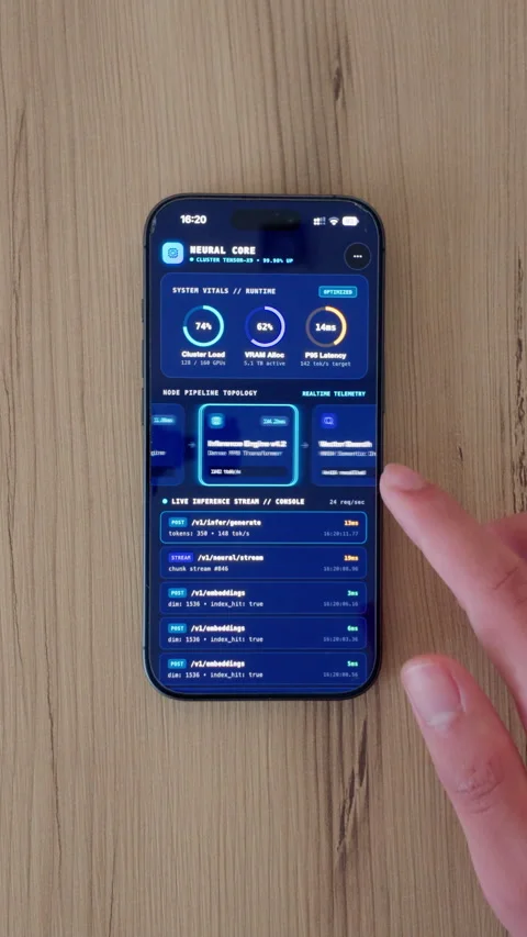 Top Down View Finger Scrolling AI Server Telemetry Dashboard on Smartphone Video stock 347681663