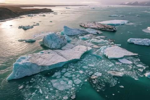 Top-Down View of Floating Glacial Ice in Arctic Sea at Sunset Stock Photos