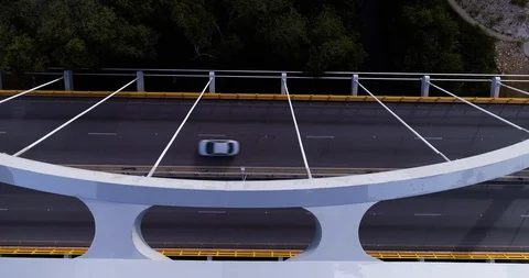 Top down view fly over steel bridge with cars driving over it Stock-Footage 97785213