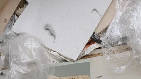 Top Down View of Fly Tipped Garbage Waste with Wooden Boards and Plastic Видео 336617111