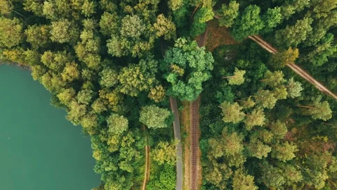 Top down view of forest lake and railway line at Kromlau Stock Footage 340646791