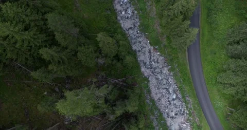Top Down view of Forest, River and Road in the Alps. Aerial Landscape view Stock Footage 197533185
