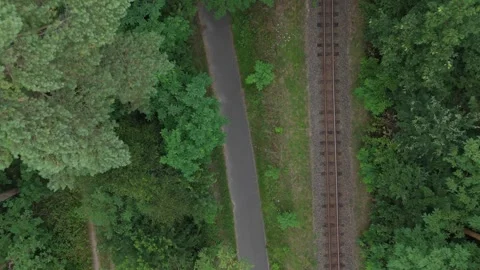 Top down view of forest road and railway side by side Stock Footage 340646921