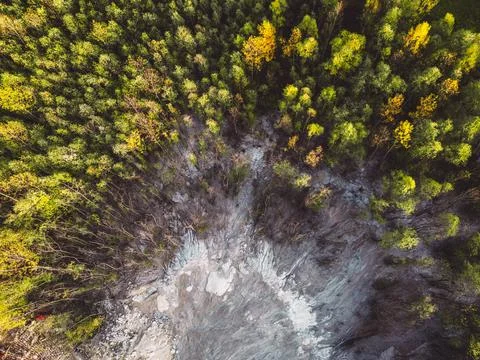 Top down view of a forest on top of the hill being dug out on one side Stock Photos